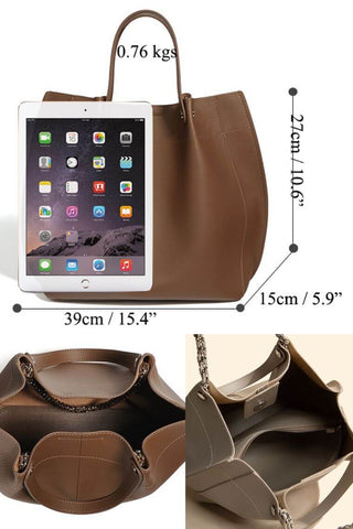 women leather tote shoulder bag with chain strap & leather strap small pouch in magnet closure