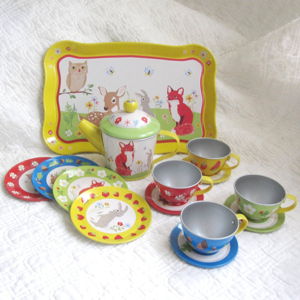 forest friends tin tea set