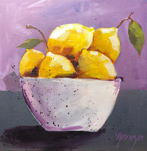 Original Acrylic Painting, Bowl of Lemons with Lavender Background, 8