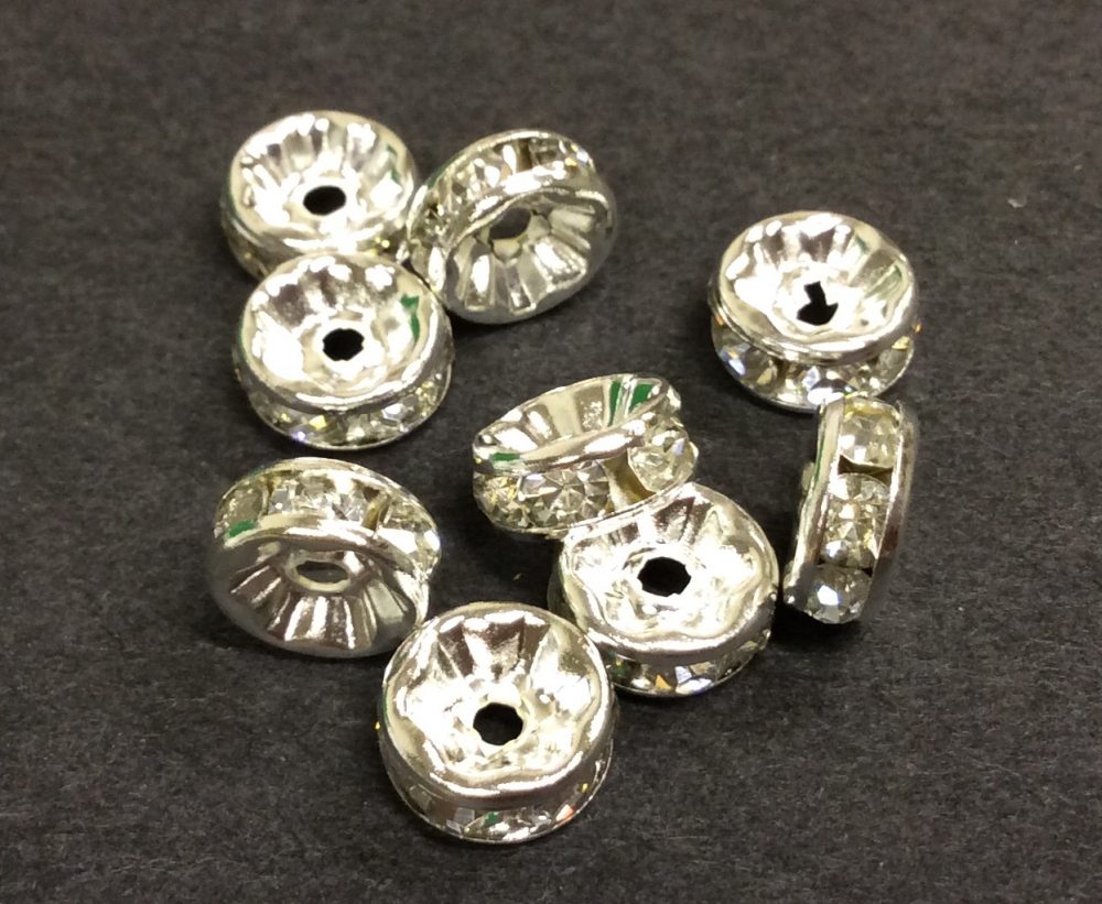 10 Rhinestone Silver Spacer Beads 8mm