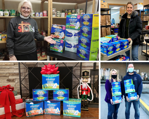 Pictures of TOSSIBLES donating period supplies to shelters and food pantries.