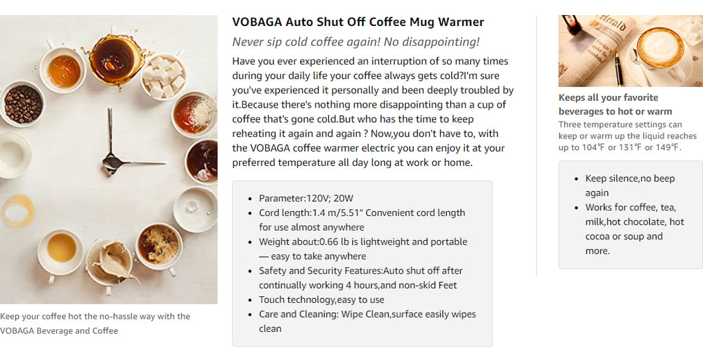 VOBAGA Coffee Mug Warmer with 5.2 inch Heating Plate, 3 Temperature Se –  vobaga