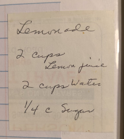 Handwritten recipe for lemonade