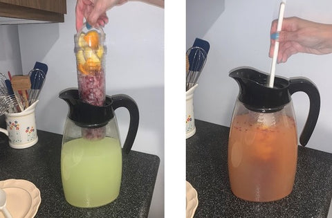 Adding the fruit filled core to the pitcher (left) and using a spoon to push the fruit into the lemonade (right)