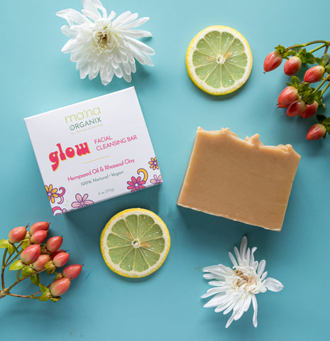 Ma'na Organix glow Facial Cleansing Bar - All-natural, organic skincare with Hemp Oil, Rhassoul Clay, and eco-friendly packaging. Suitable for all skin types