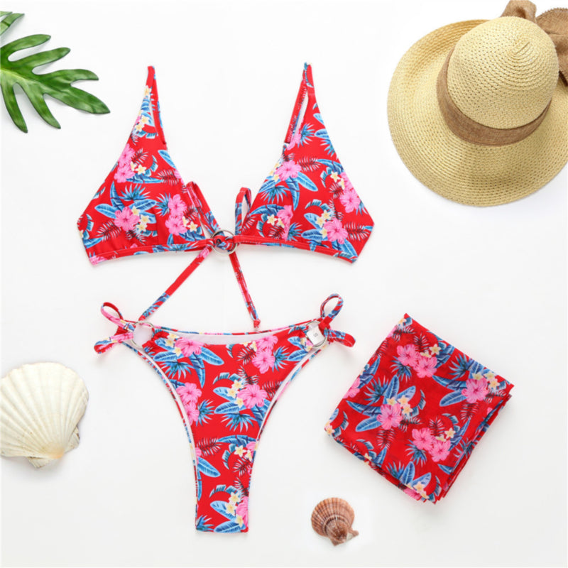 3-Piece Floral Thong Bikini With Matching Cover-up – Beach Groove Swimwear