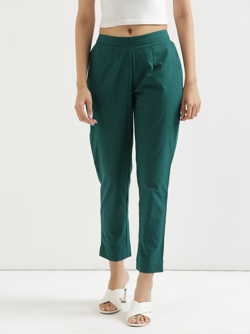 Bottle Green Cotton Trouser For Women | Solid Regular Fit | सादा ...