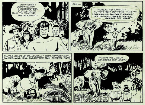 Four Color #134 Tarzan original art (Dell, 1947). Artist Jesse Marsh's jungle silhouettes create striking designs throughout the panels. Image: Heritage Auctions