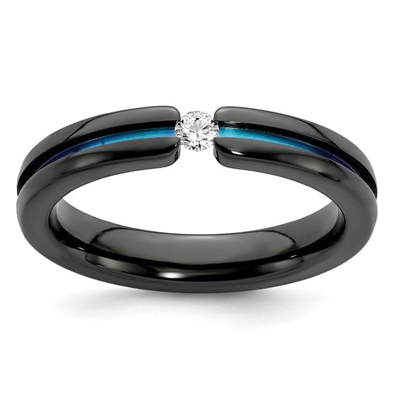 Black Plated TITANIUM TENSION RING with 4mm CZ and Grooved Accent - size #  11