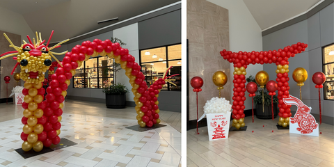 Lunar New Year celebration featuring a chinese dragon made of ballons, a paifang made of balloons, and year of the rabbit