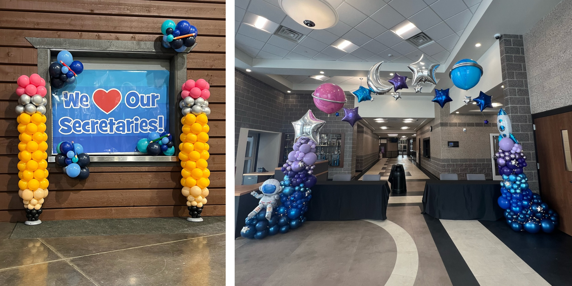 Left: Balloon pencil sculptures are the perfect balloons for secretary appreciation day. Right: an "Out of this World" themed family ball starts off with this colorful balloon arch in American Fork, Utah