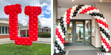 the Block U yard decor made of balloons for graduation and a classic red, white, black balloon arch