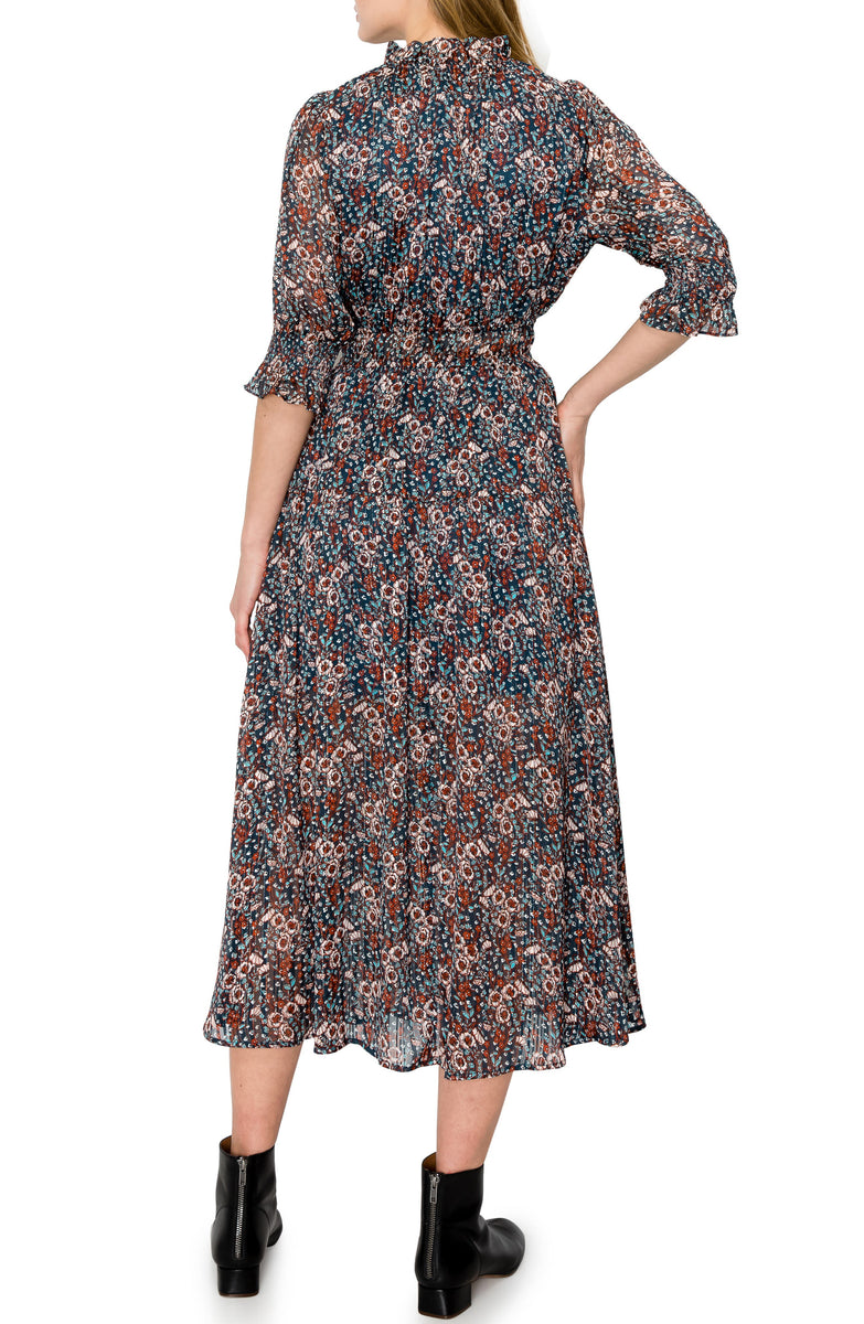 MELLODAY Mock Neck Elbow-Length Sleeve Floral Print Midi Dress – The ...