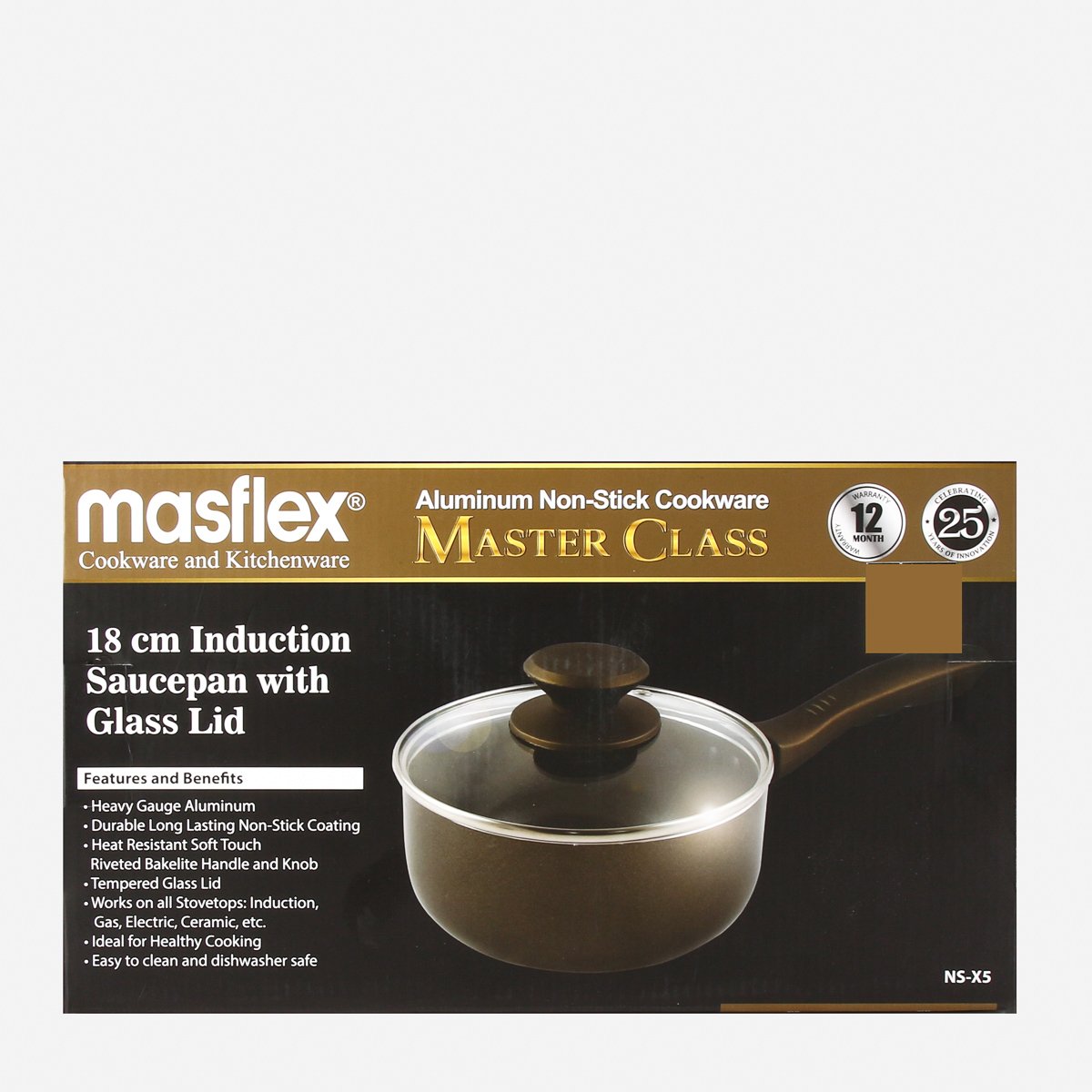 18cm Master Class Induction Saucepan with Glass Lid - Masflex