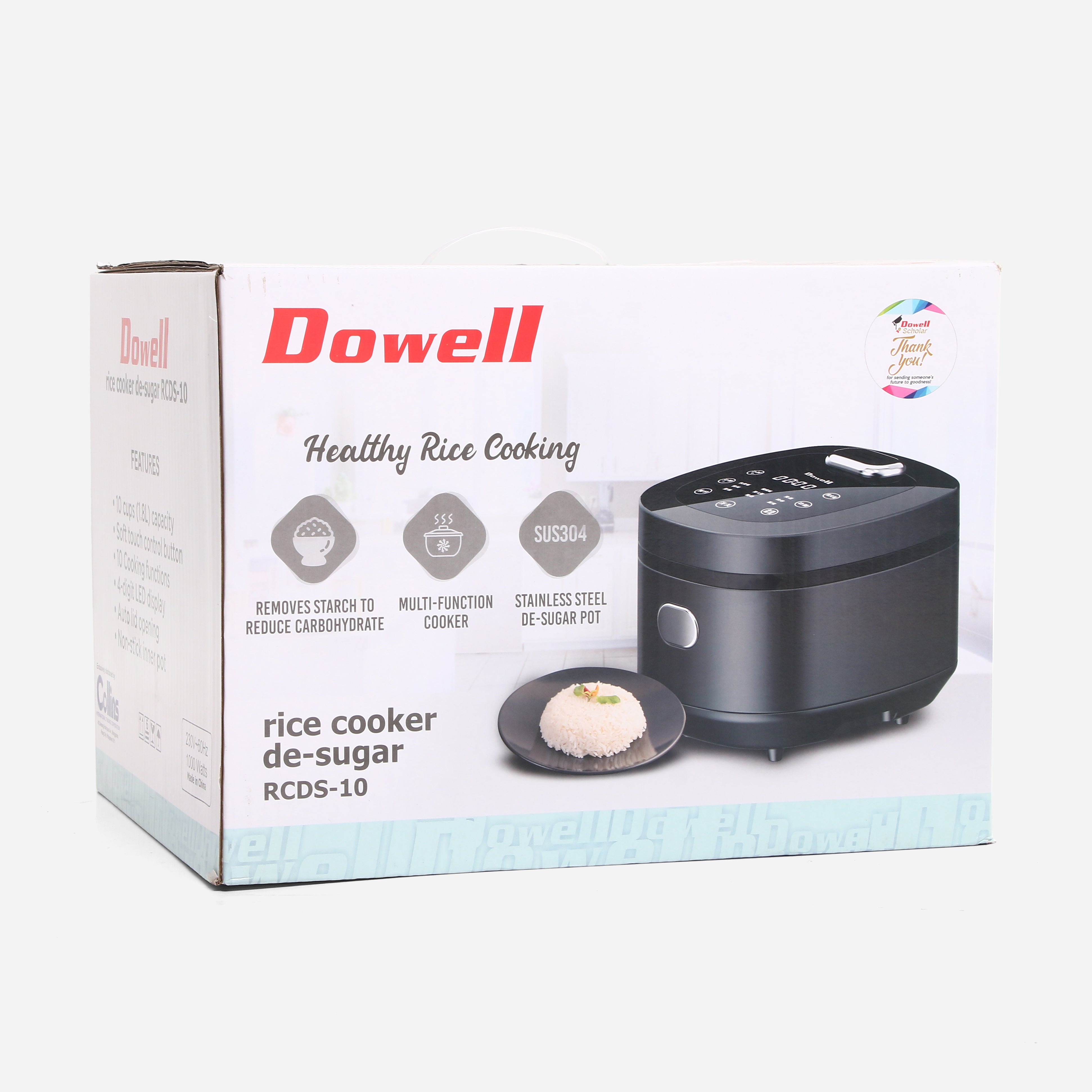 Dowell - No more guilt this holiday with Dowell Low Carb Rice Cooker.  Powered with stainless steel de-sugar pot, it removes starch to reduce  carbohydrates. It can also be used as multi-function