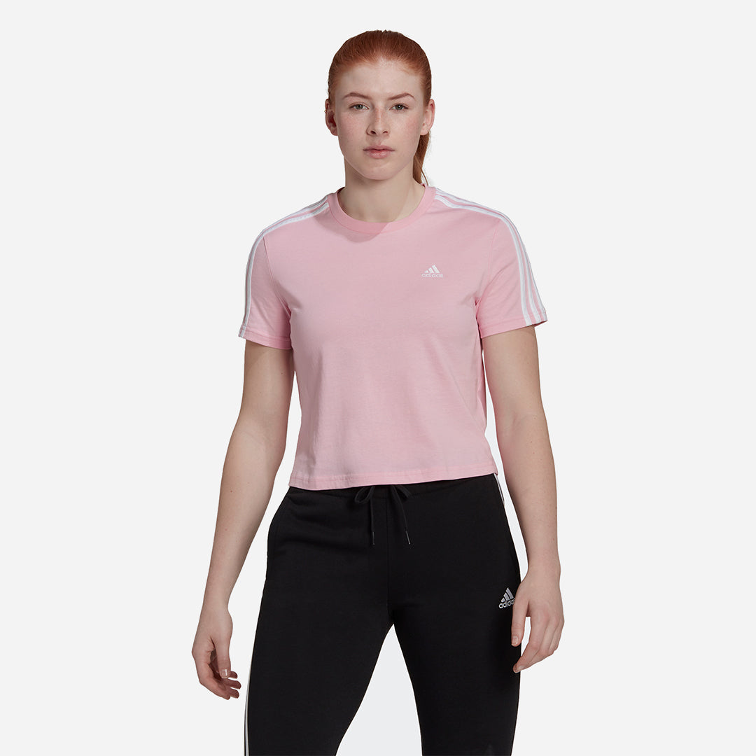 Adidas Women's Essentials Loose 3-Stripes Crop Top in True Pink / White