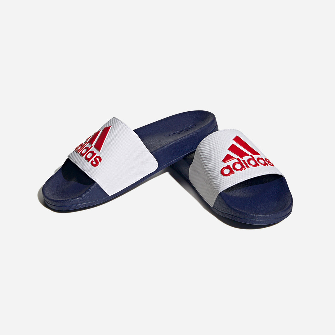 Adidas Adilette Shower Slides in Cloud White / Better Scarlet / Victory Blue