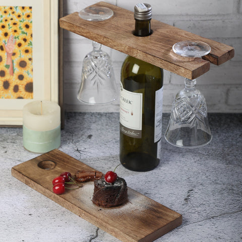 Wine bottle holder with wine glass holder set up for Valentine's Day