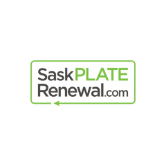 Logo Design for Sask Plate Renewal Website with the text written in a box in the shape of a rectangle and an arrow showing renewal