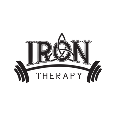 Person Fitness Logo Design with Zen design in the word Iron and a set of dumbells above therapy