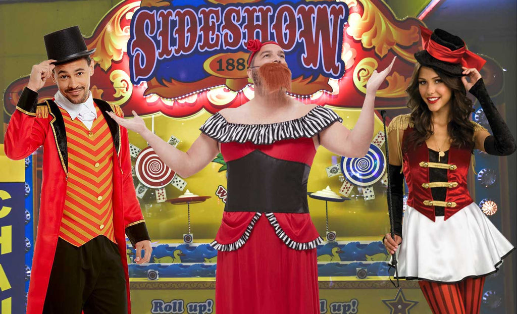 barnum ringmaster costume, mens bearded lady costume, circus girl costume