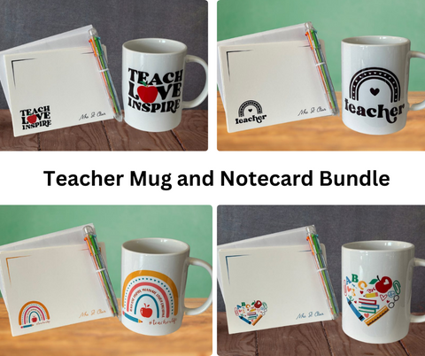 Unique and meaningful teacher appreciation gift bundle with matching mug and personalized notecards!