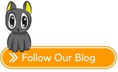 sign with a gray cat atop a button with the text "follow our blog"