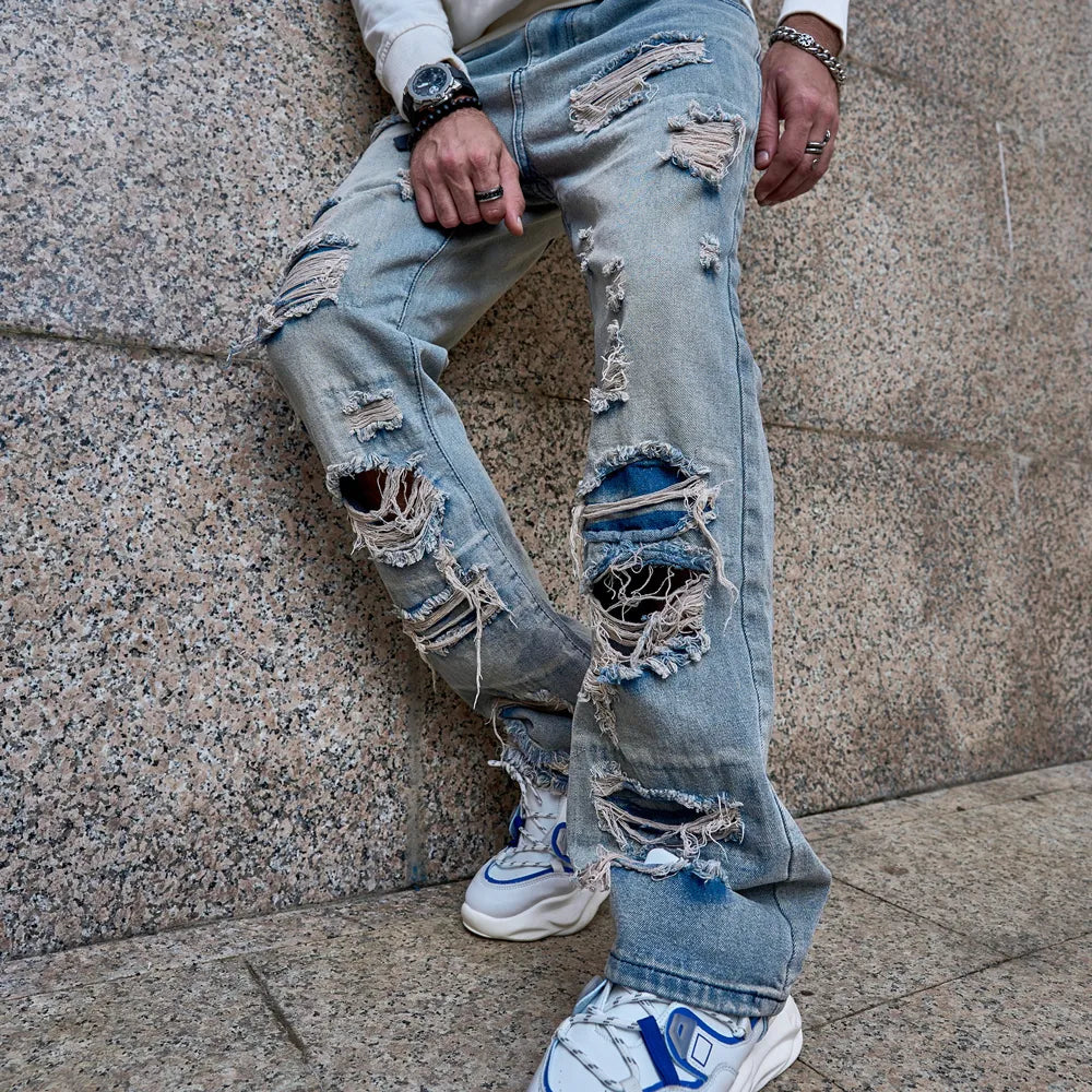 Men's Distressed Loose-Fit Ripped Straight Cut Jeans