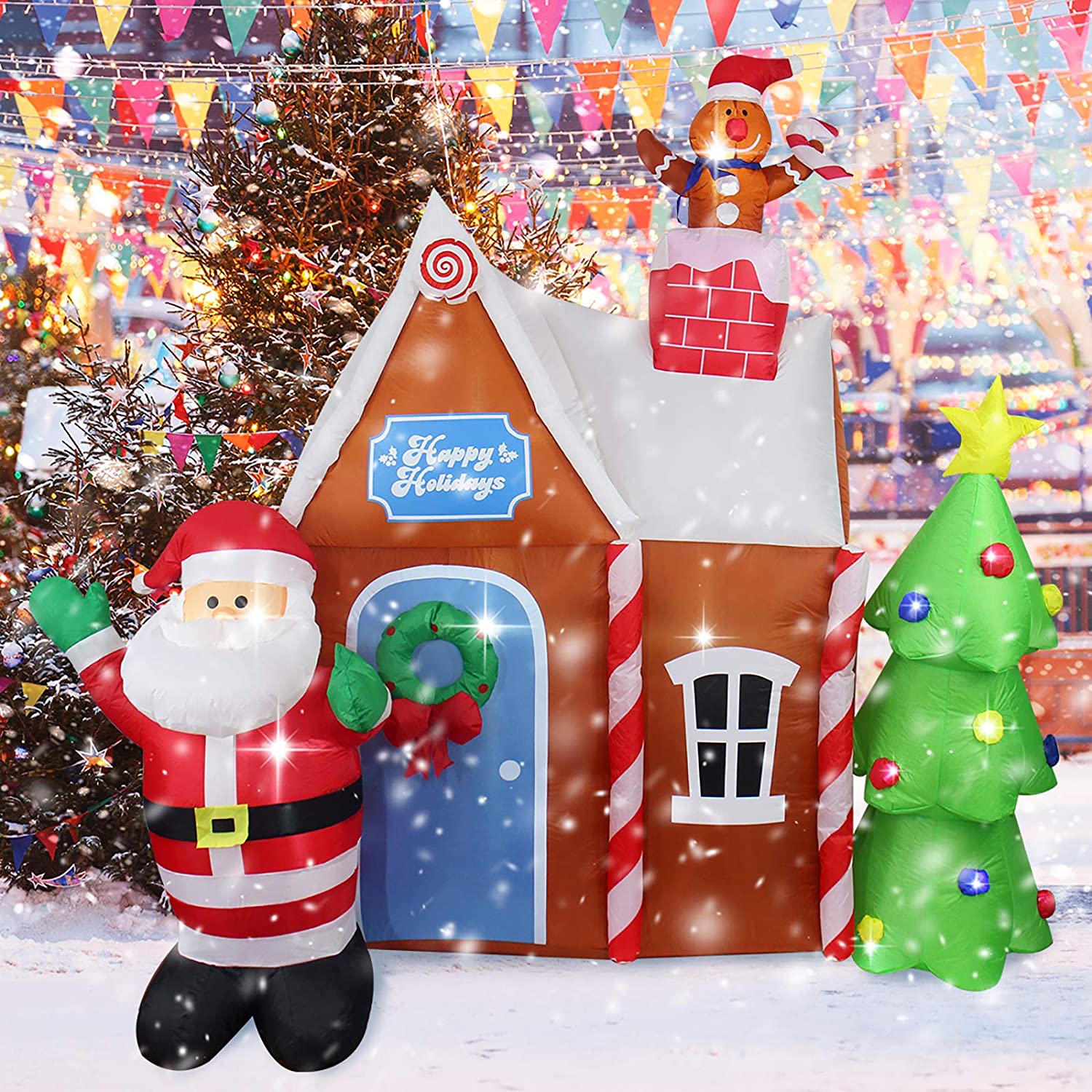 7ft Christmas Decorations Inflatable Gingerbread House with Built-in L