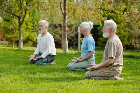 3 elderly people meditating outside