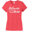 Red frosted t-shirt with "Delaware Nurse" in white framed by a white heart-shaped stethoscope