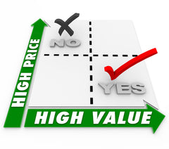 Low Price and High Value choices on a matrix to illustrate comparison shopping for best or top products and services