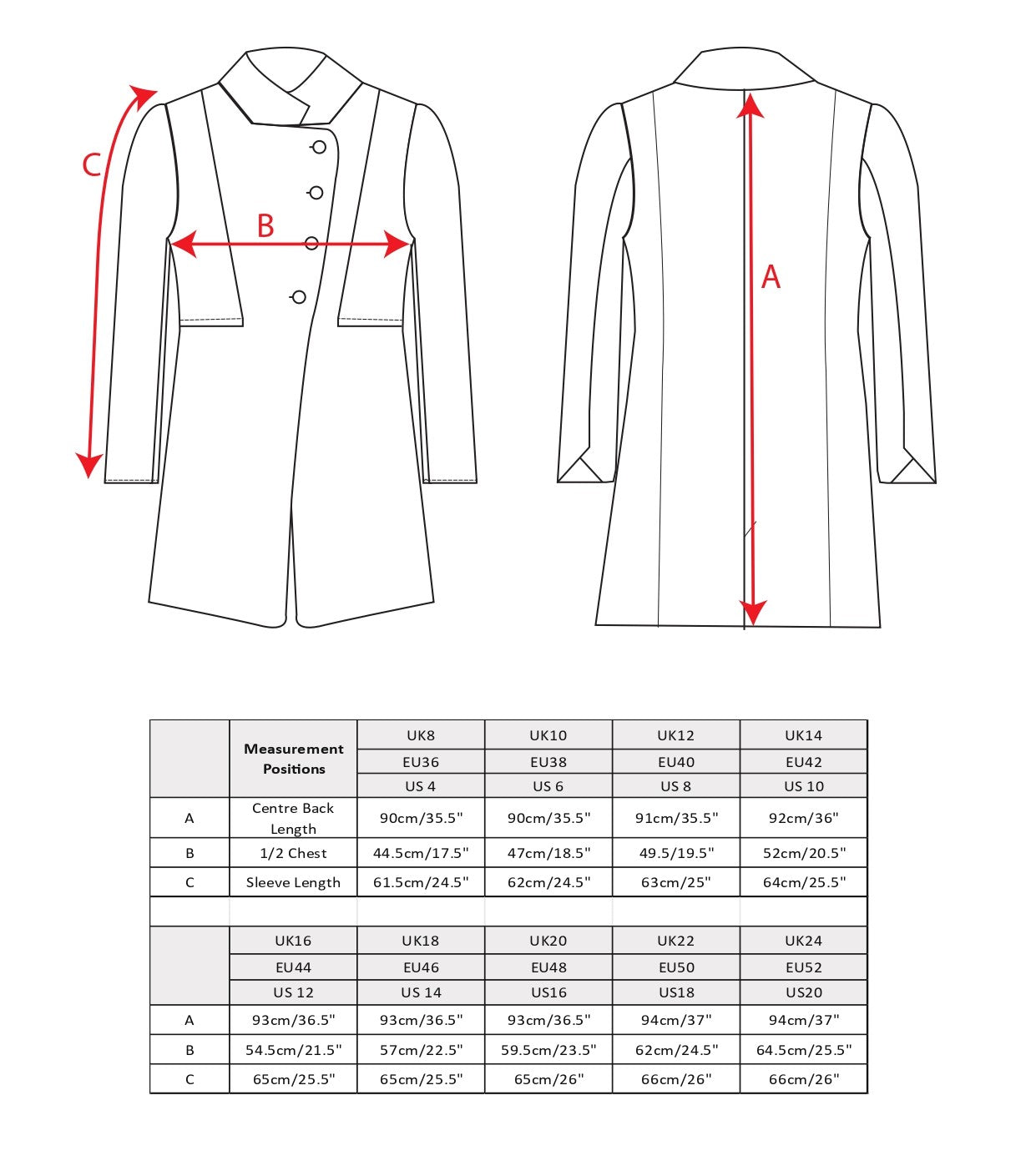 Isabella Tweed coat size chart.