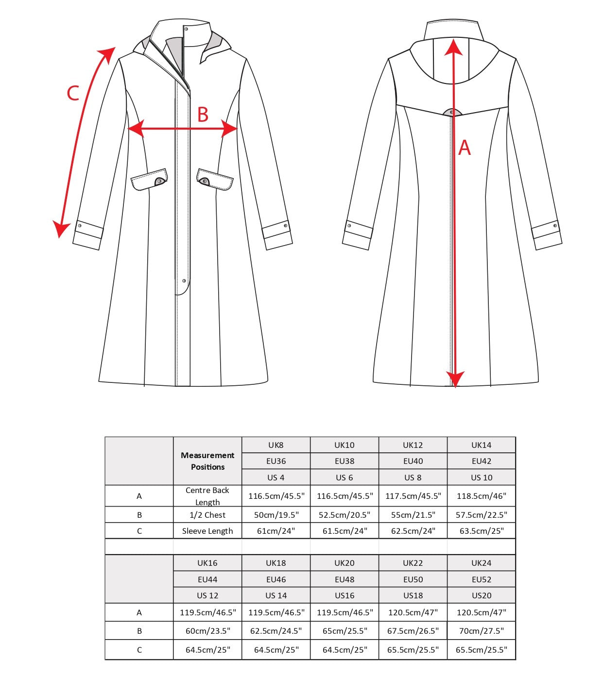 Julia long tweed coat size chart