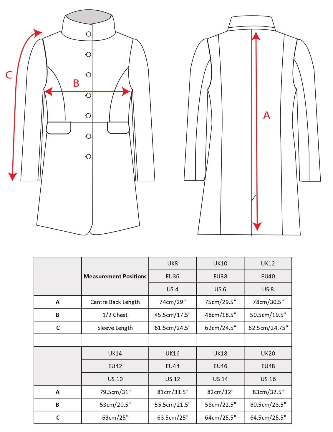 Lynn Tweed coat size chart.