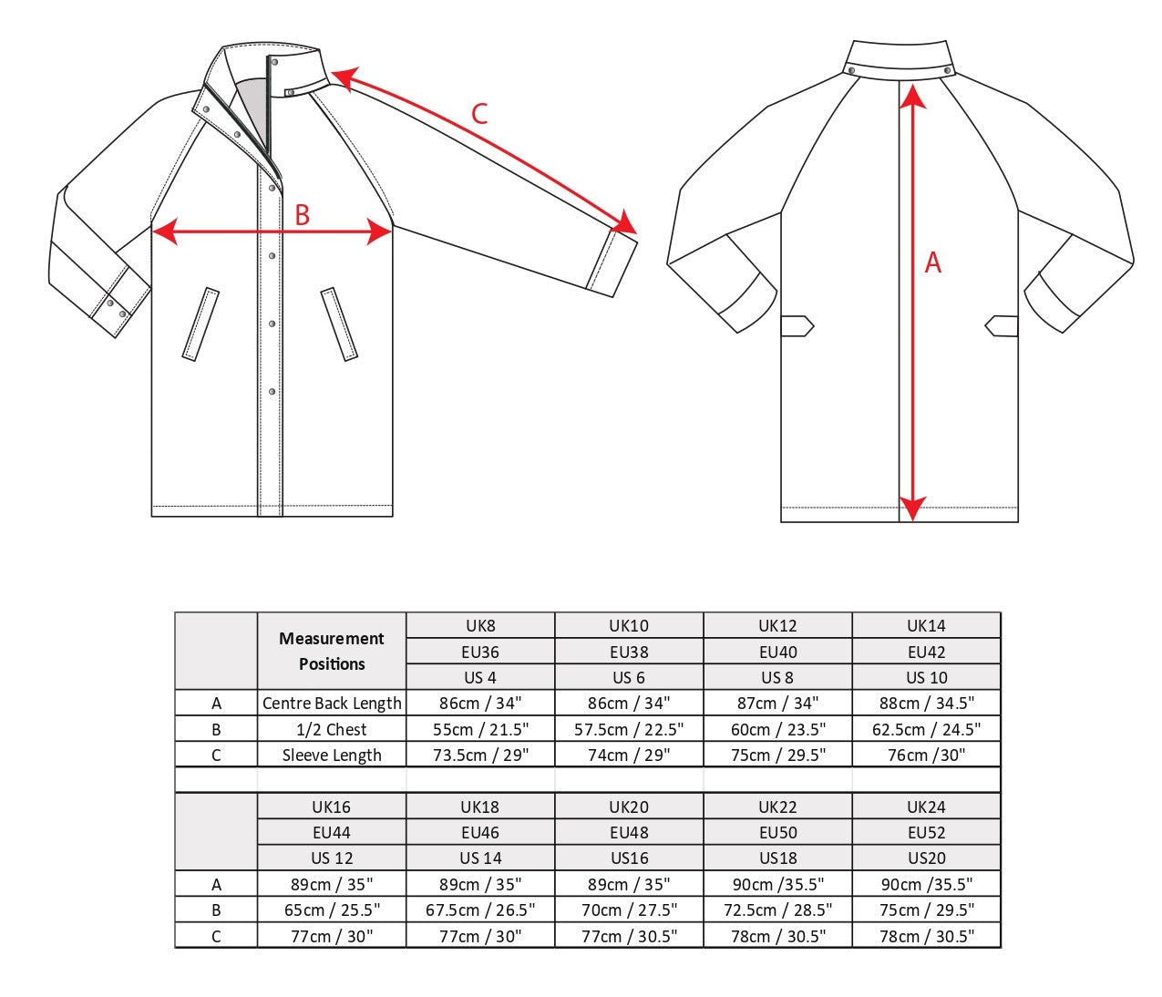 Oxford waterproof size chart