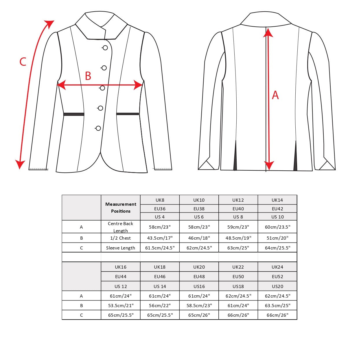 Sasha Tweed Coat Size Chart.