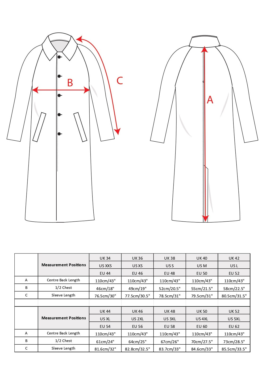 Sean Tweed Long Coat Size Chart