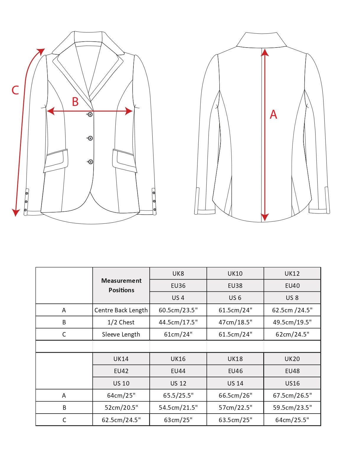 Tara Tweed Jacket Size Chart