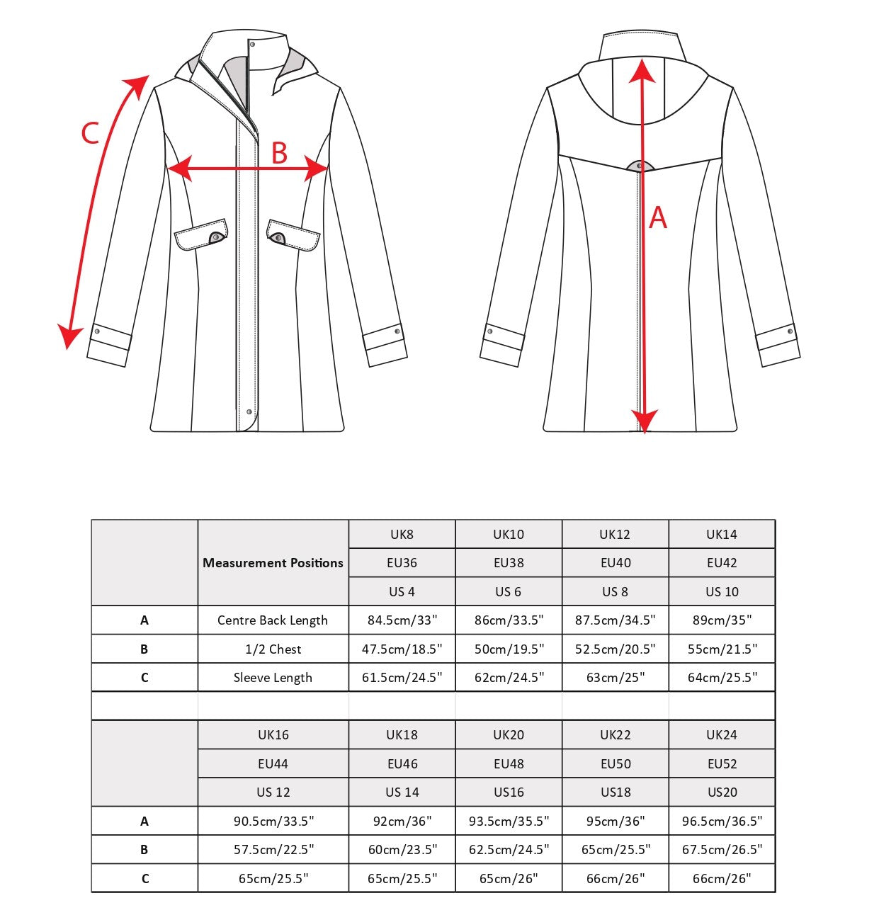 Una waterproof jacket size chart.