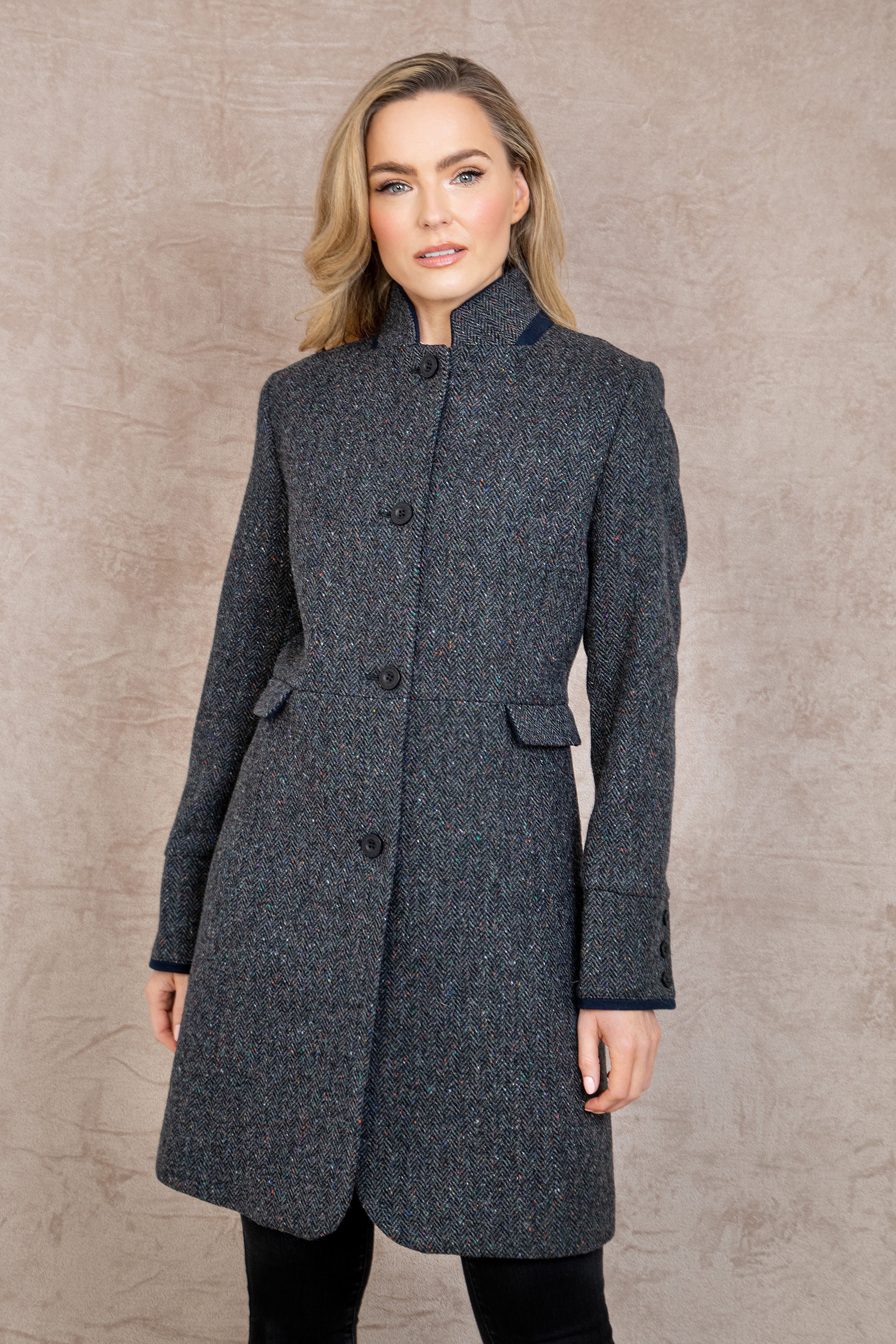 Sean Full-Length Tweed Coat - Charcoal Wide Herringbone