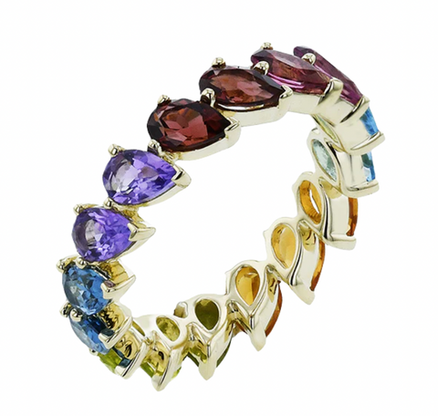 Dazzling colorful gemstones adorn this spectacular ring. 