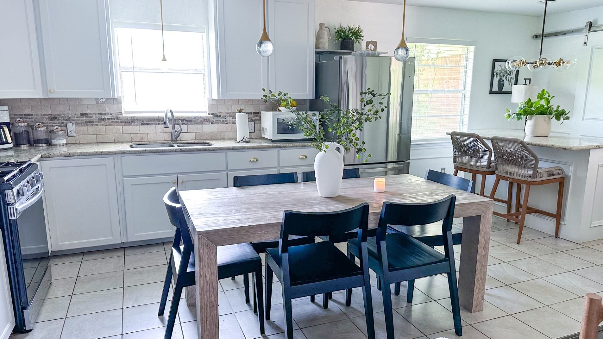 Solid wood dining table set with solid wood modern dining table in seashell and solid wood black dining chairs