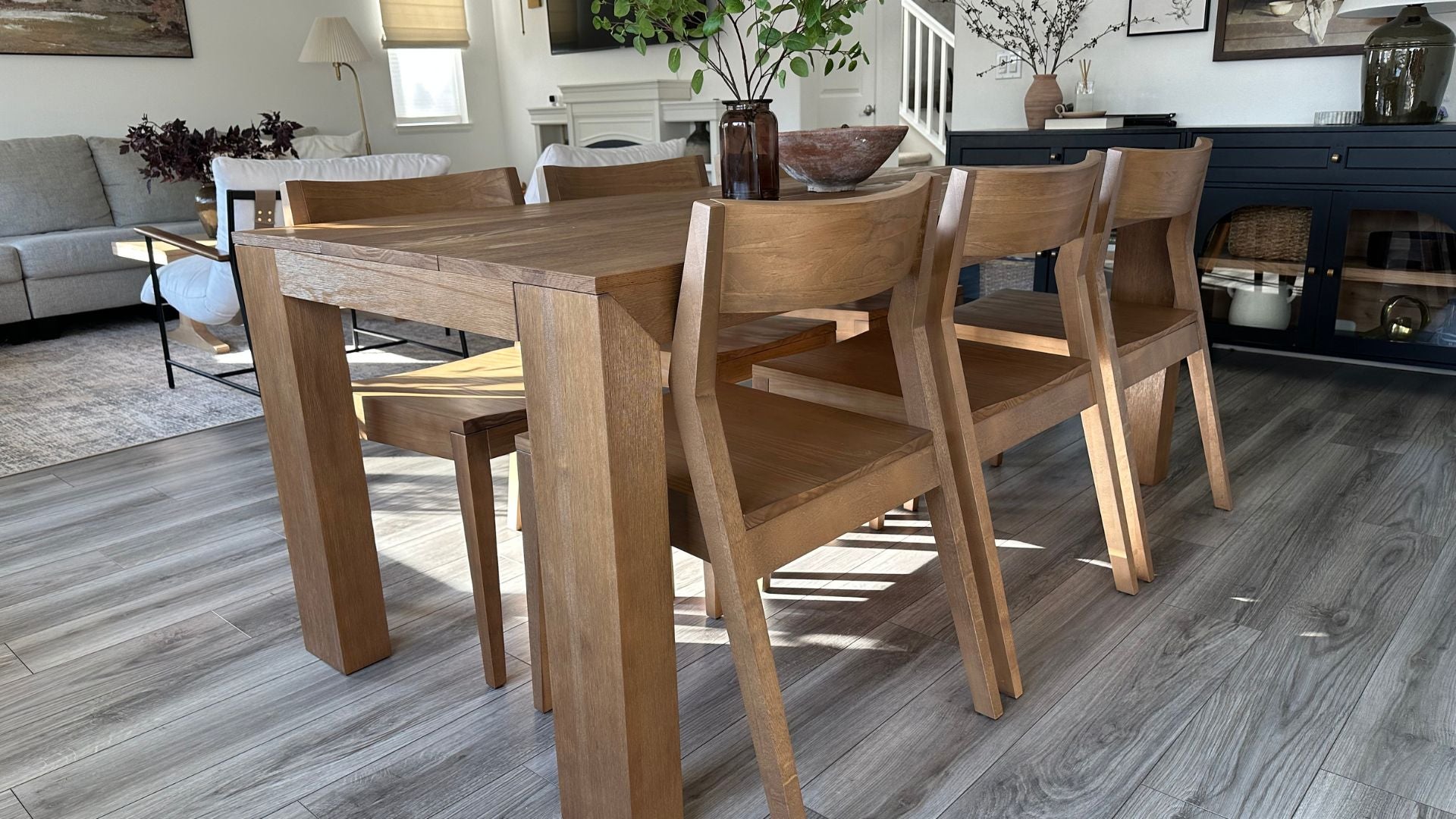 Solid wood modern dining table in pecan with 6 solid wood dining chairs in pecan