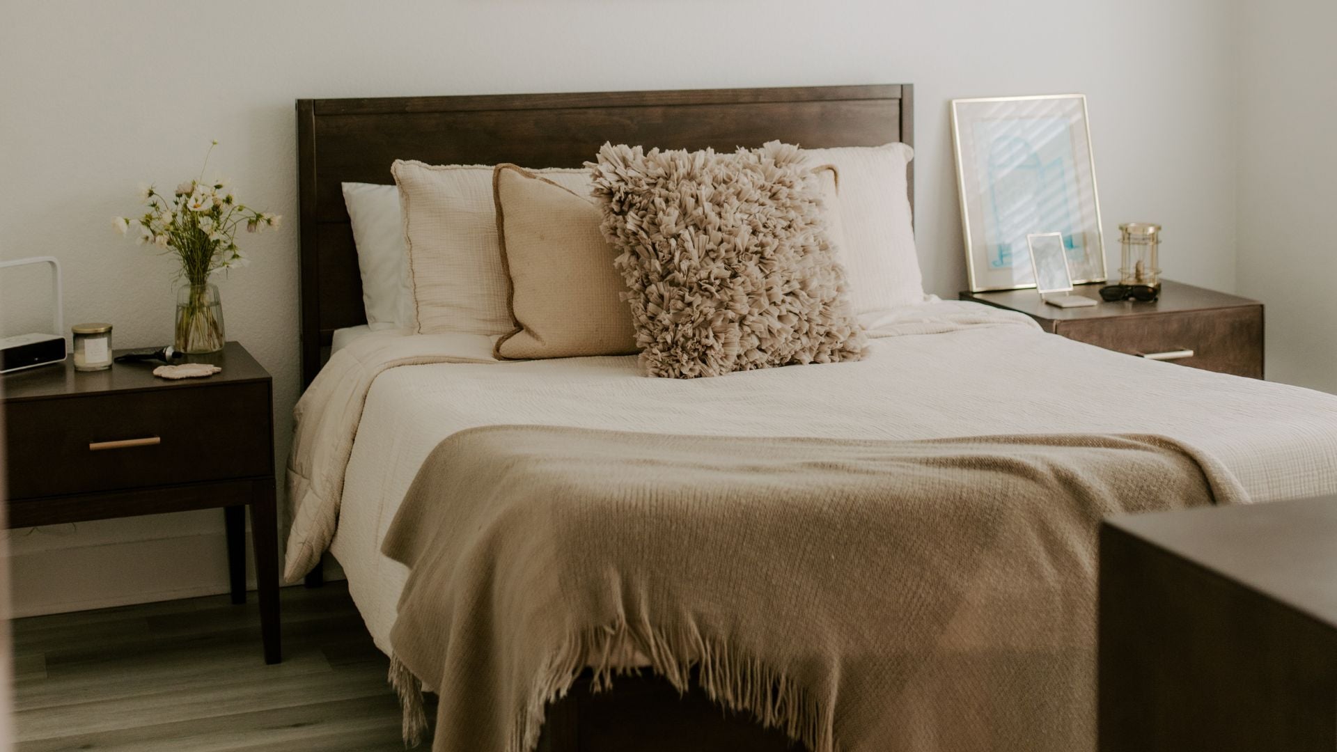 Solid wood bedroom set with two wooden nightstands in walnut