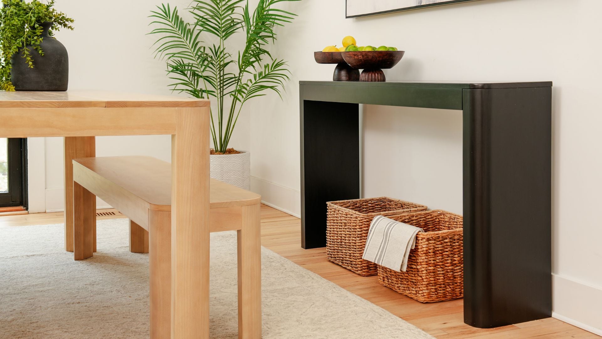 black modern console table in dining room