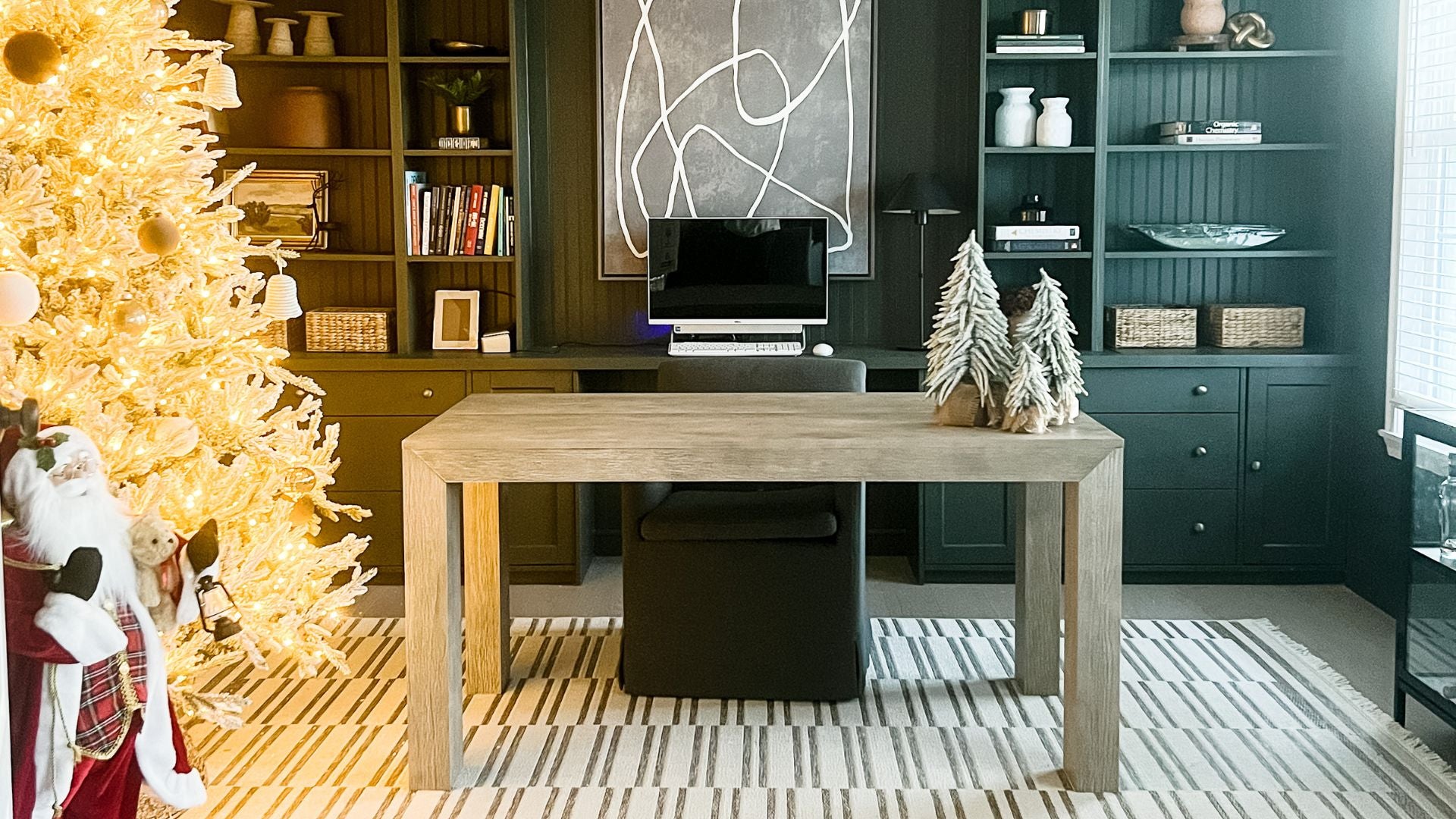 christmas themed office with solid wood dining table