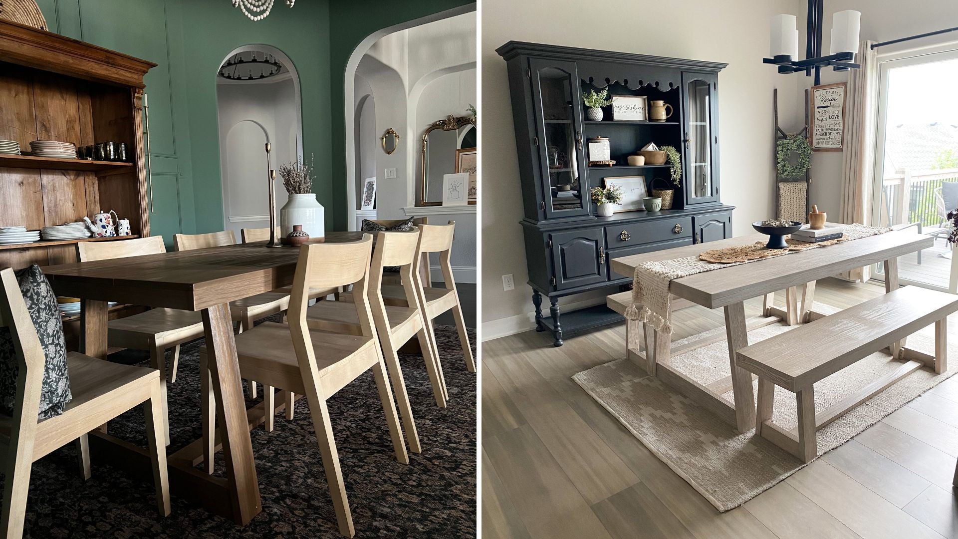 farmhouse tables with wooden dining chairs and dining benches