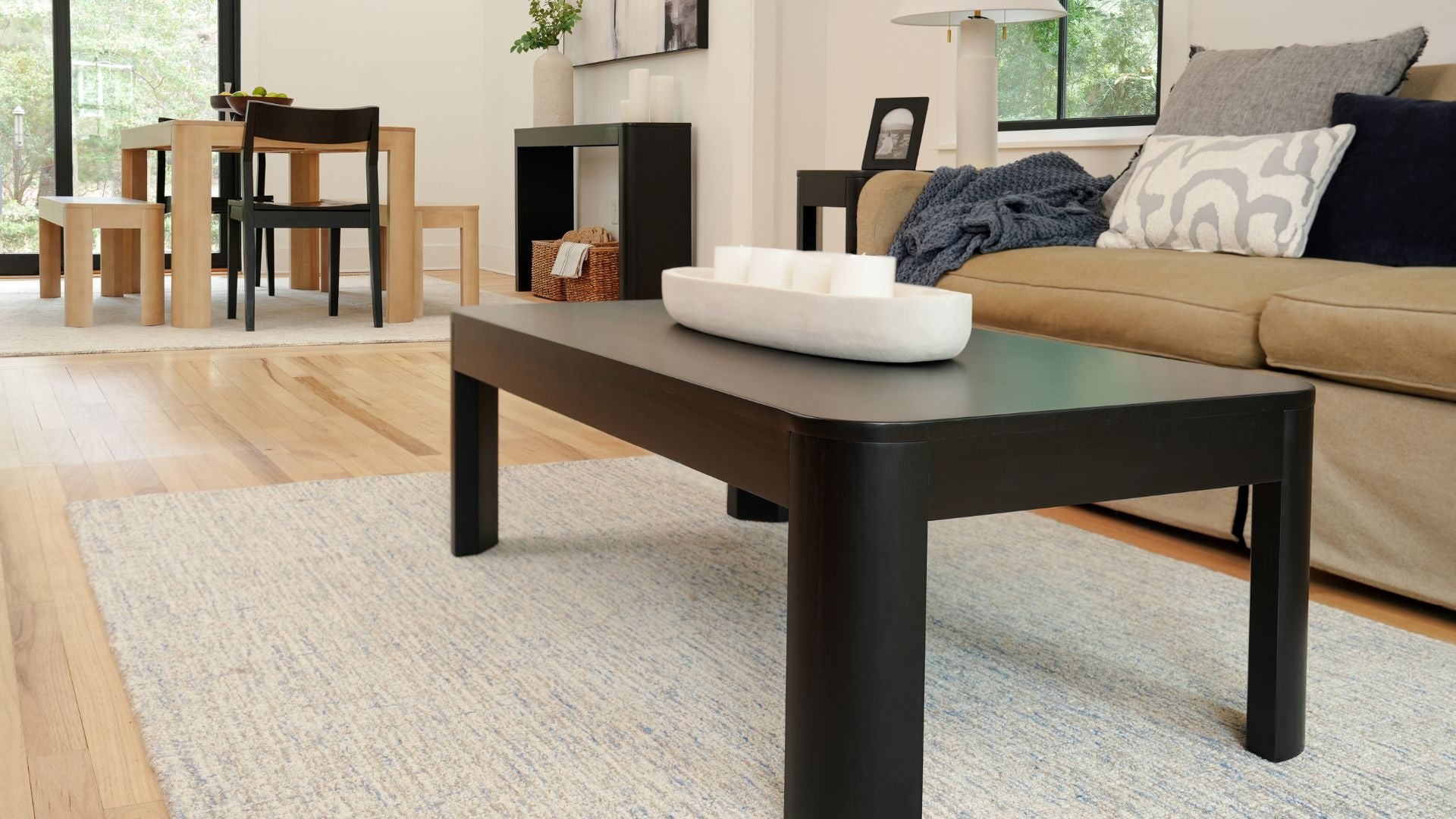 Black modern coffee table with rounded edges