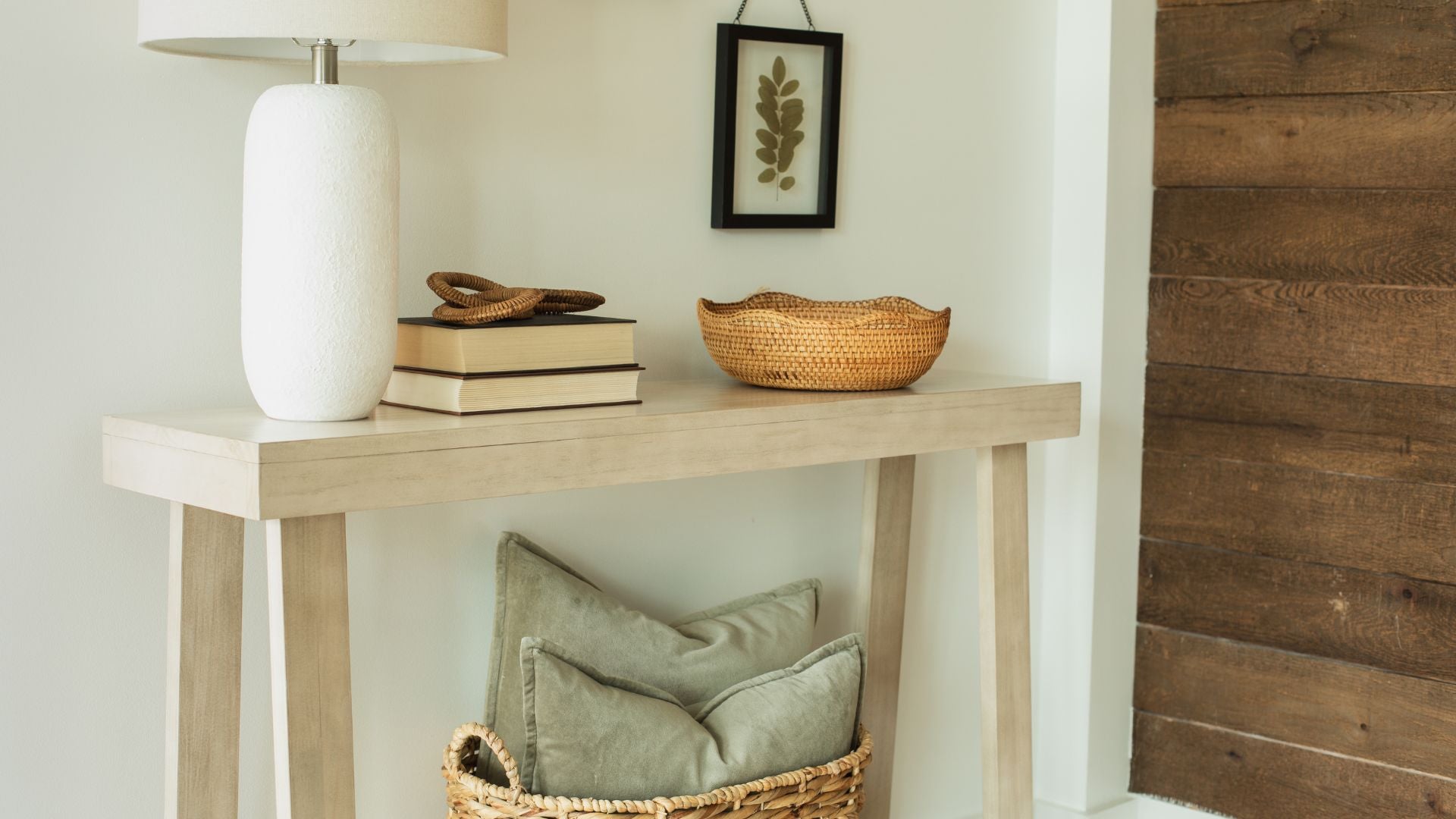 light solid wood console table with storage